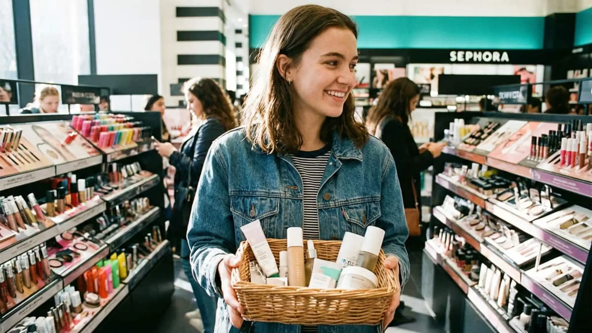 Los calendarios de adviento de belleza arrasan en 2025 y disparan su precio hasta los 150 euros Joven comprando productos de belleza en Sephora con una cesta llena de cosméticos.