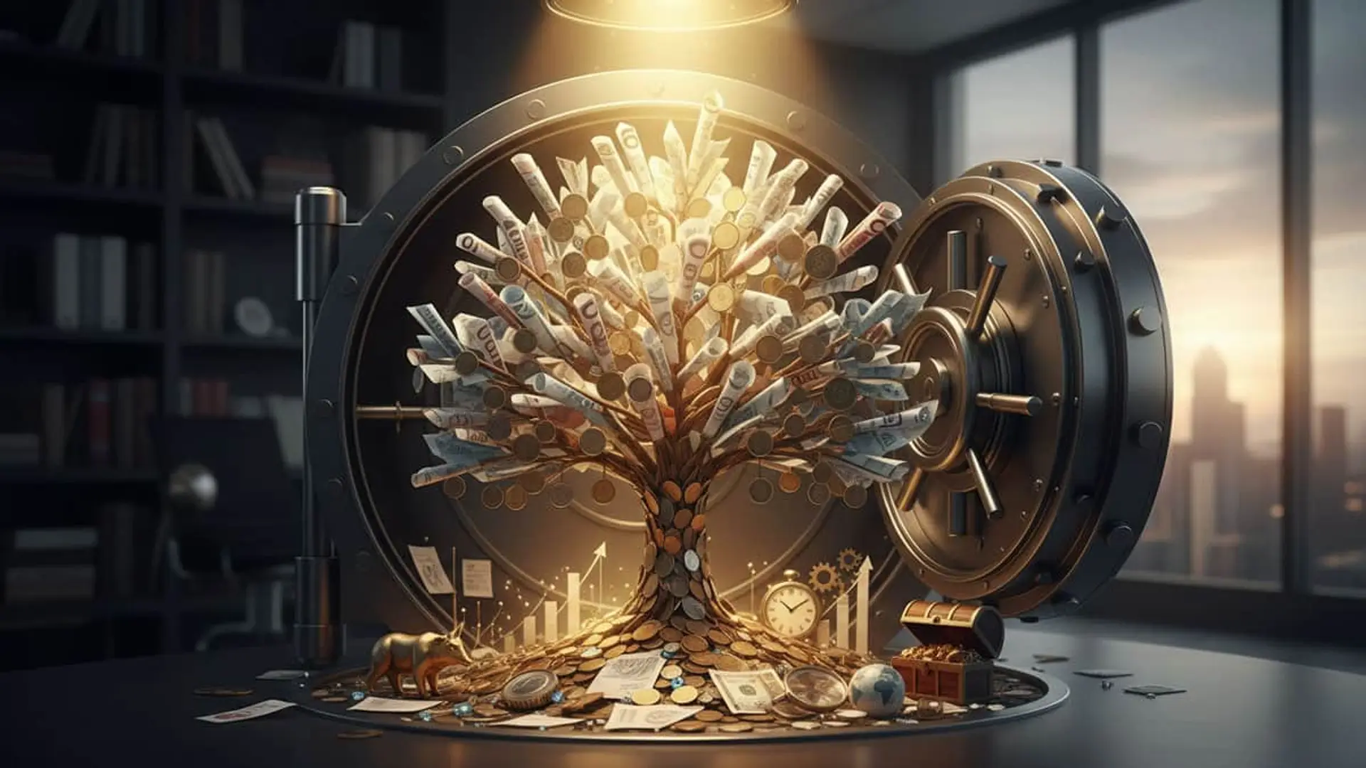 CaixaBank relanza su banca privada: así gestiona 182.000 millones de altos patrimonios Árbol del dinero creciendo dentro de una caja fuerte, una metáfora de la inversión, la gestión de patrimonio y la banca privada.