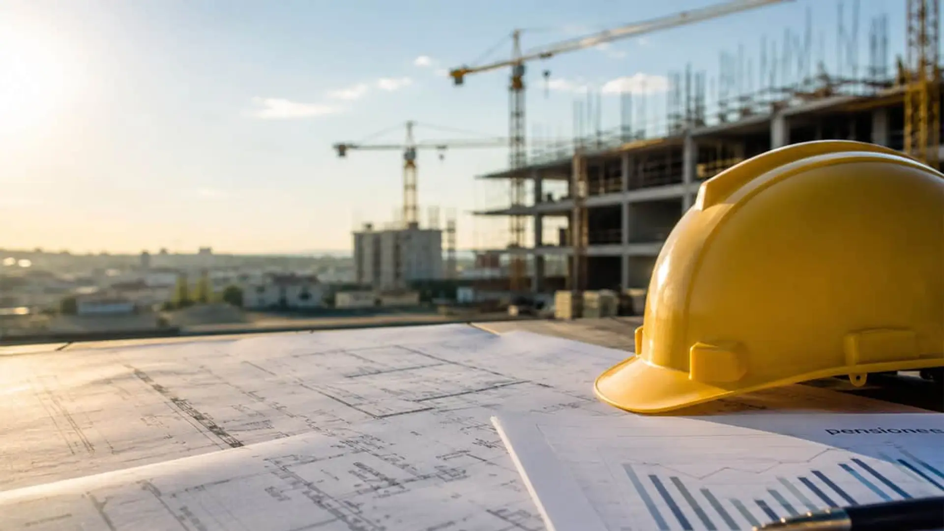 Casco de obra sobre planos con edificios en construcción al fondo