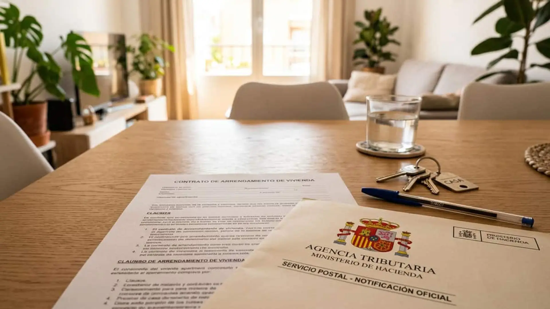 Hacienda exige declarar el alquiler aunque no lo deduzcas: vigila con cinco métodos Contrato de alquiler y notificación de la Agencia Tributaria sobre una mesa junto a unas llaves de vivienda