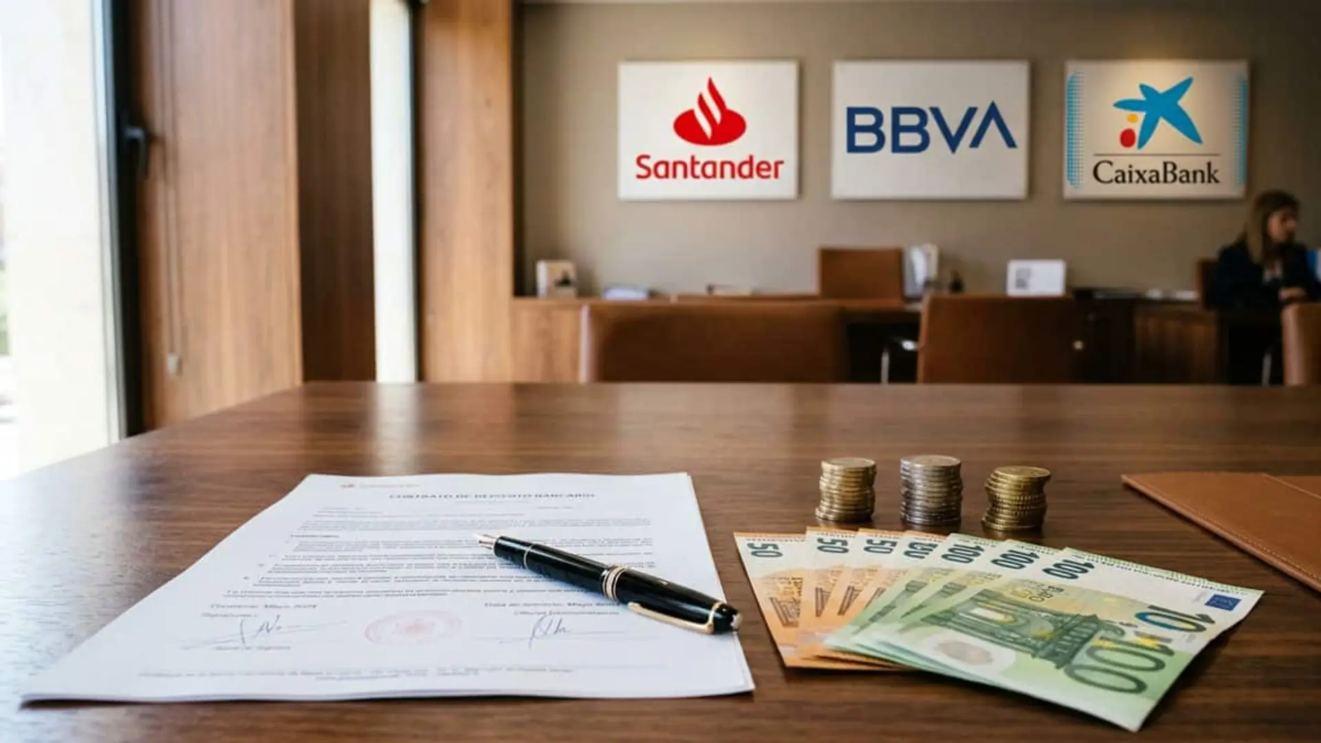 Contrato bancario junto a billetes y monedas de euro con los logotipos de Santander, BBVA y CaixaBank al fondo