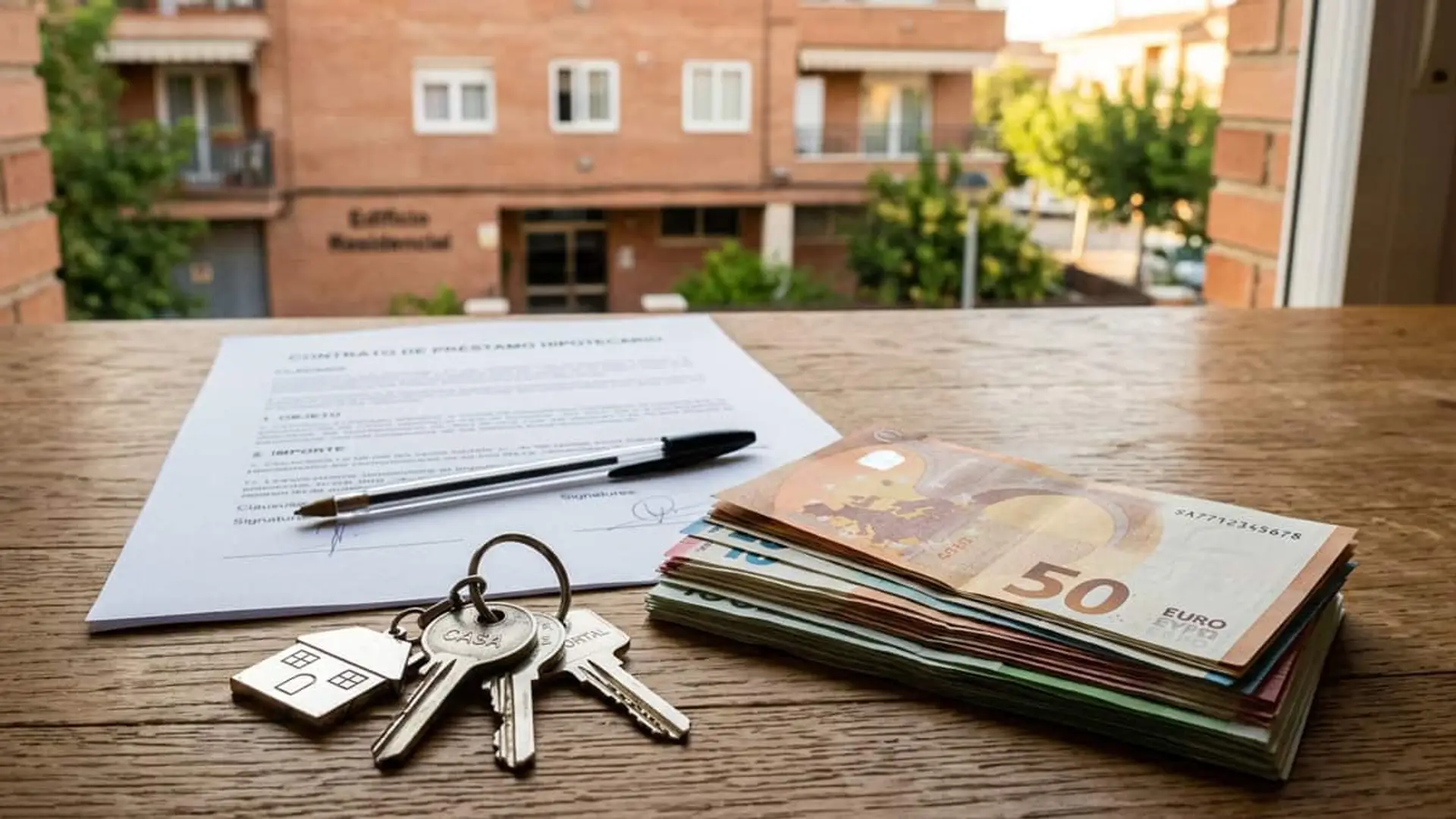 Contrato de compraventa de una vivienda junto a un fajo de billetes de euro y unas llaves sobre una mesa