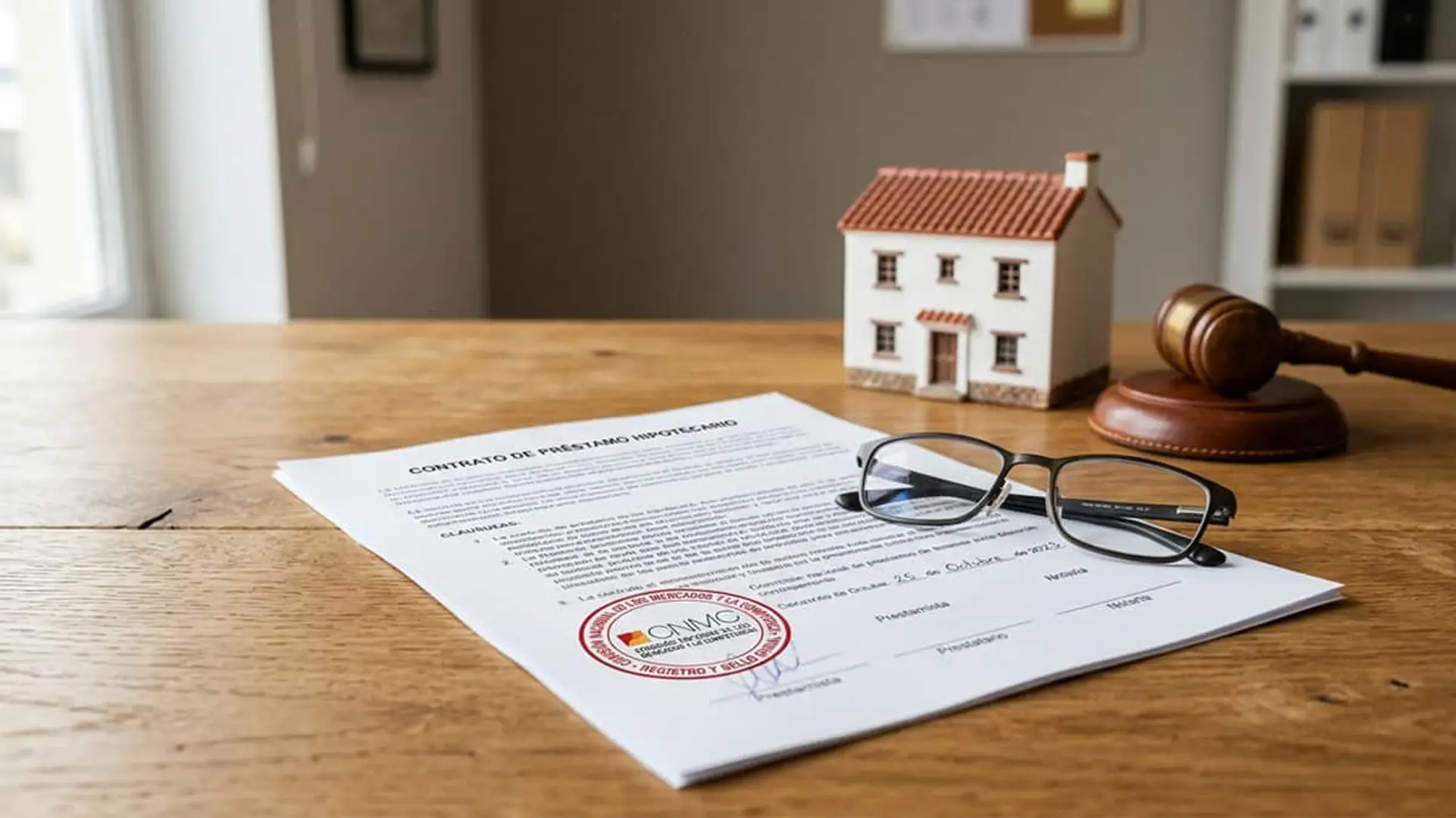 Contrato de préstamo hipotecario sobre una mesa con un sello de la CNMC, unas gafas, una maqueta de vivienda y un mazo judicial al fondo