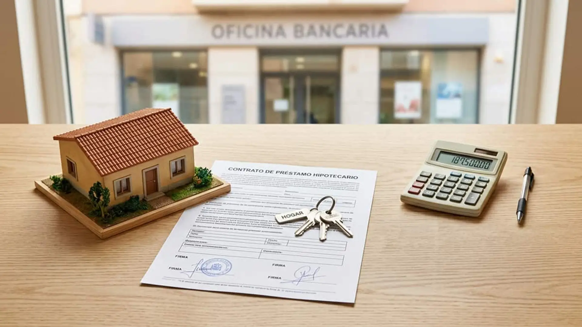 Contrato de préstamo hipotecario junto a una maqueta de una casa, unas llaves y una calculadora frente a una oficina bancaria