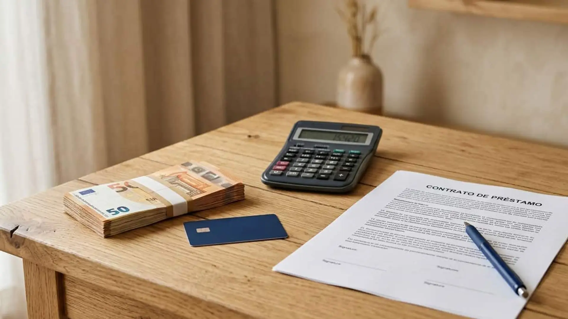El crédito al consumo crece un 12,4% interanual: qué revisar antes de pedir un préstamo Contrato de préstamo sobre una mesa de madera junto a una calculadora, una tarjeta bancaria azul, un bolígrafo y varios billetes de 50 euros.