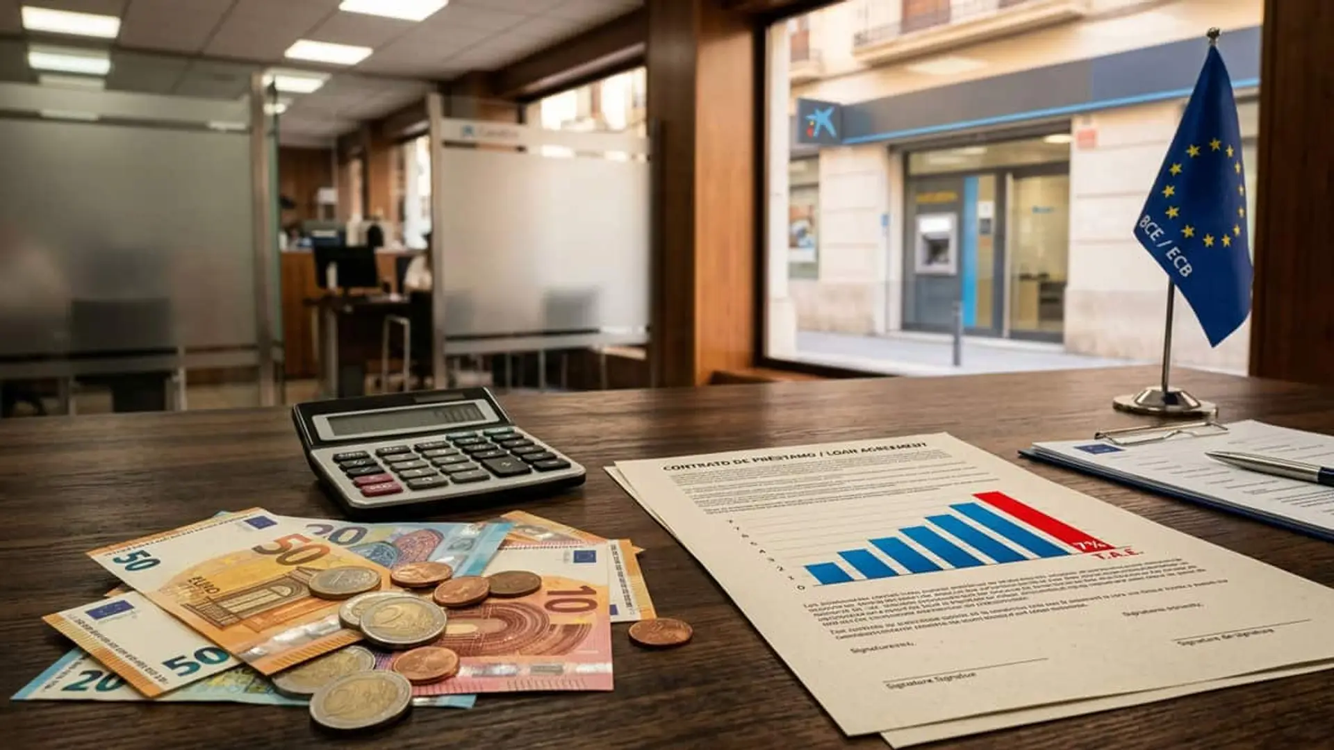 La banca ya sube el precio de los préstamos personales antes de que decida el BCE Alt imagen cabecera: Contrato de préstamo junto a una calculadora, billetes y monedas de euro y una bandera del BCE