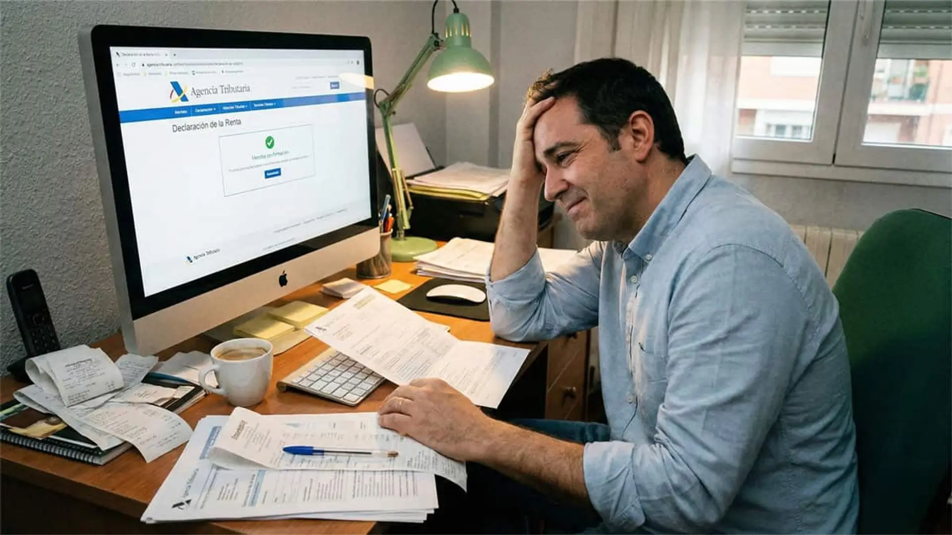 Hombre revisando documentos mientras presenta la declaración de la renta en la web de la Agencia Tributaria desde casa.