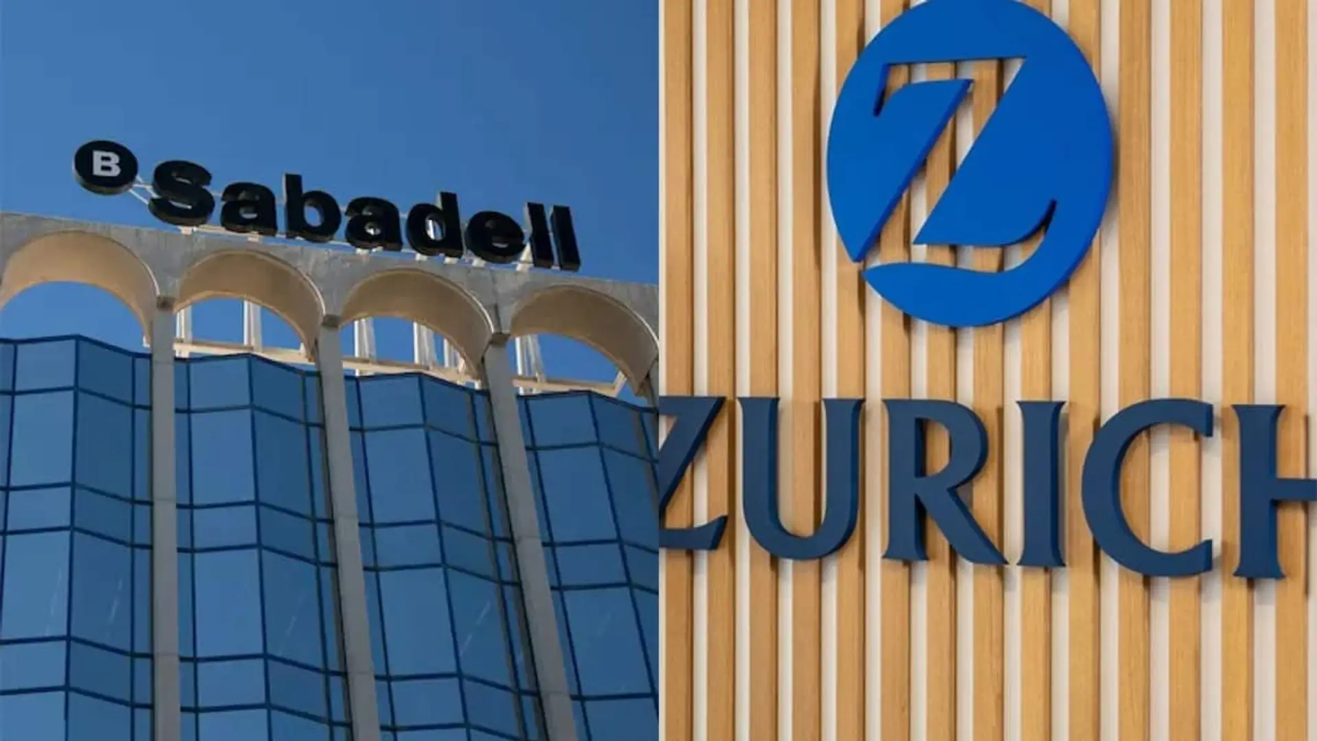 Sabadell y Zurich capitalizan el fracaso de la OPA: así crece su bancaseguros Fachadas de Banco Sabadell y Zurich Seguros, representando su alianza en el negocio de bancaseguros.