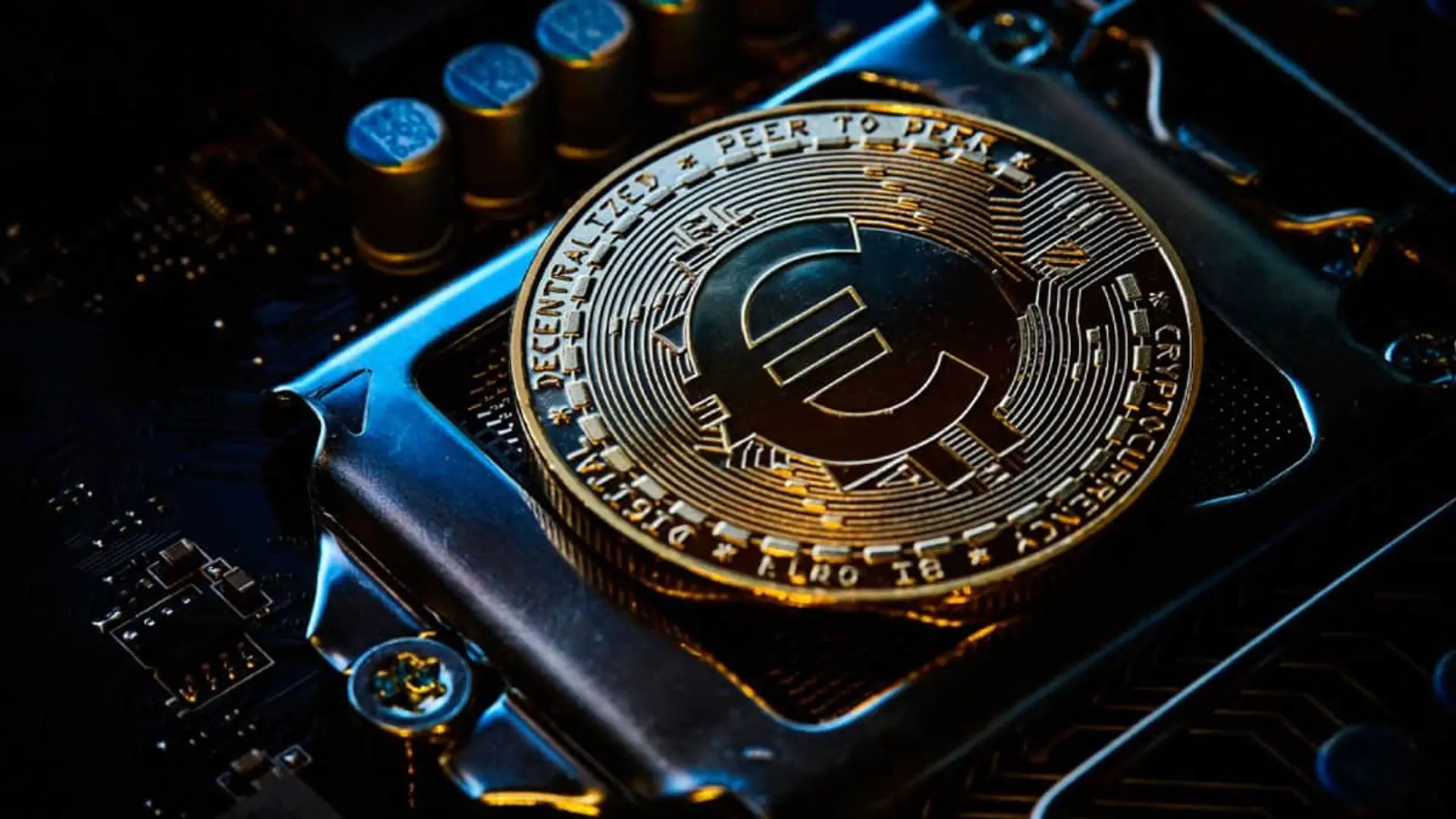 Moneda del euro digital sobre una placa base simbolizando la tecnología blockchain y el futuro financiero.