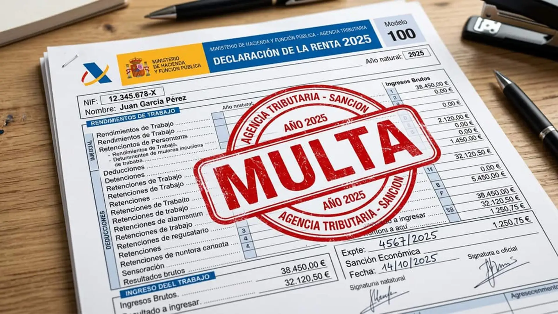 De 100€ de multa a 5 años de cárcel: cuidado con los errores al hacer la declaración de la Renta Documento de la declaración de la renta 2025 con un sello rojo de multa sobreimpreso