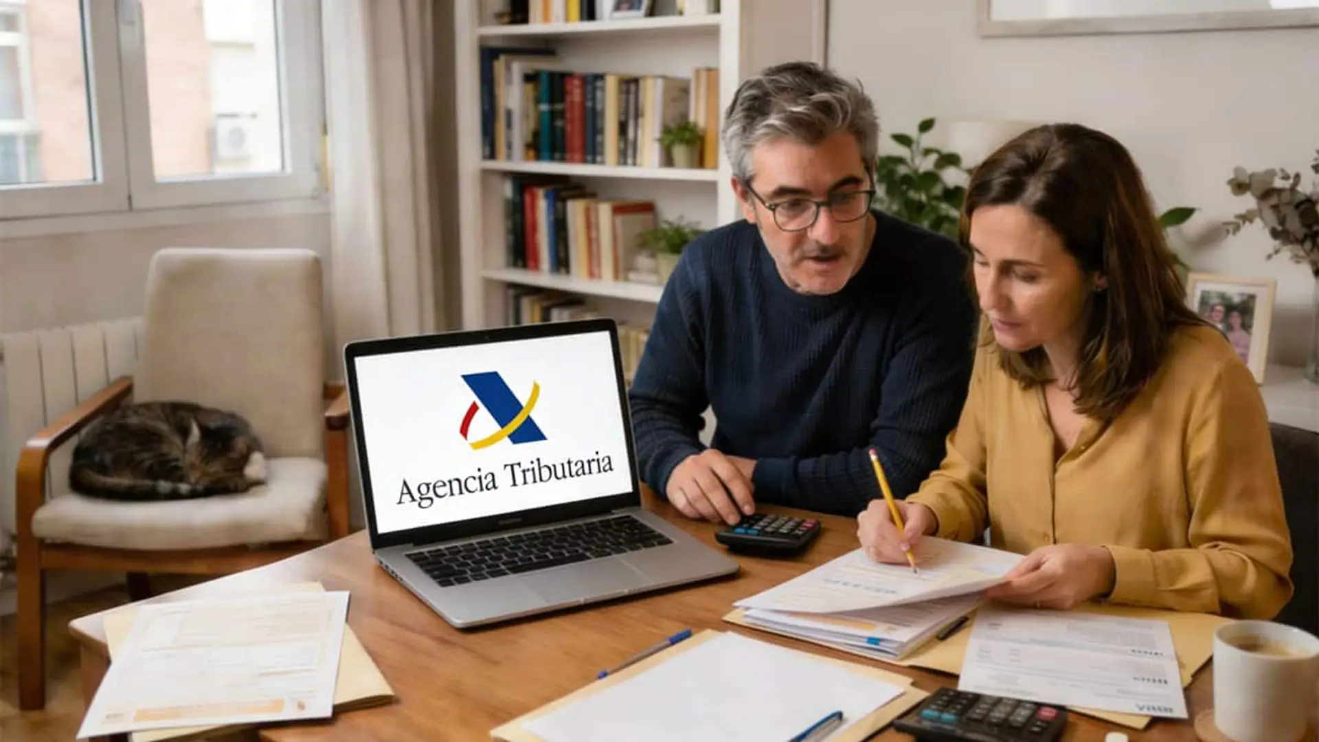Pareja revisando documentos y haciendo la declaración de la renta con la Agencia Tributaria en casa.