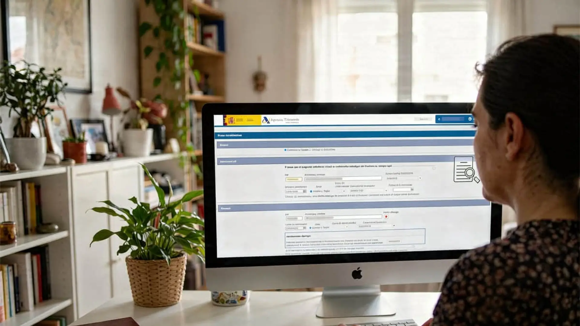 Trabajadora autónoma realizando trámites fiscales en la web de la Agencia Tributaria desde casa con un ordenador iMac.