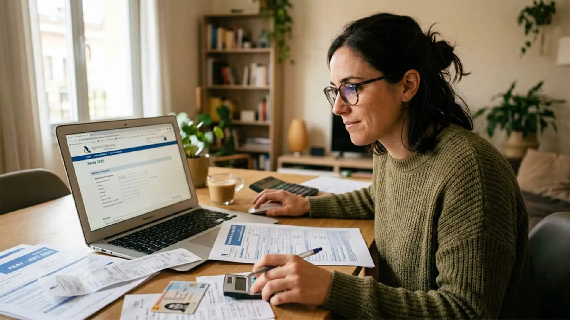 Mujer realizando la declaración de la renta online con documentos y calculadora en casa.