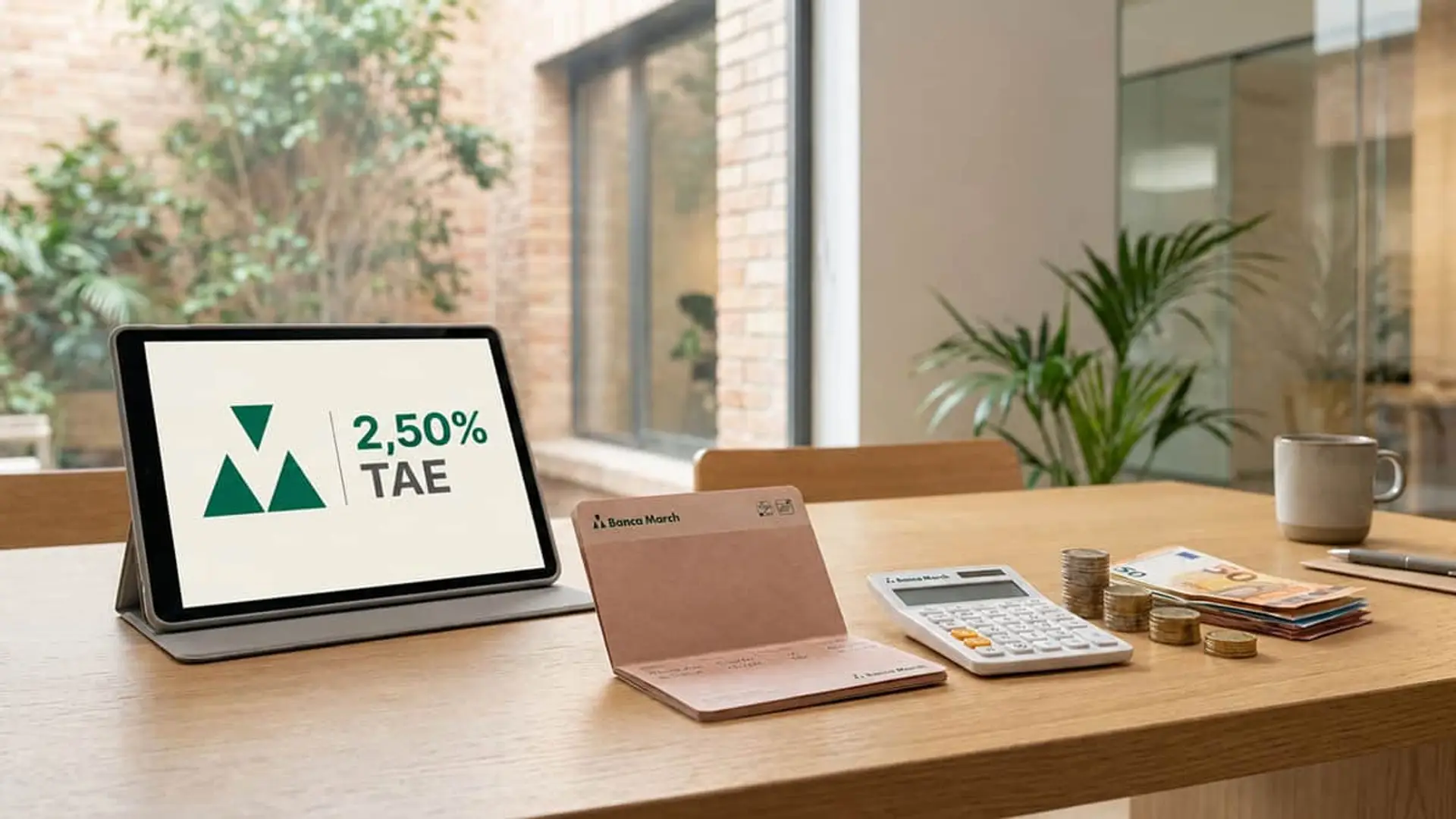 Depósito Banca March al 2,50% TAE con calculadora, monedas y dinero en mesa