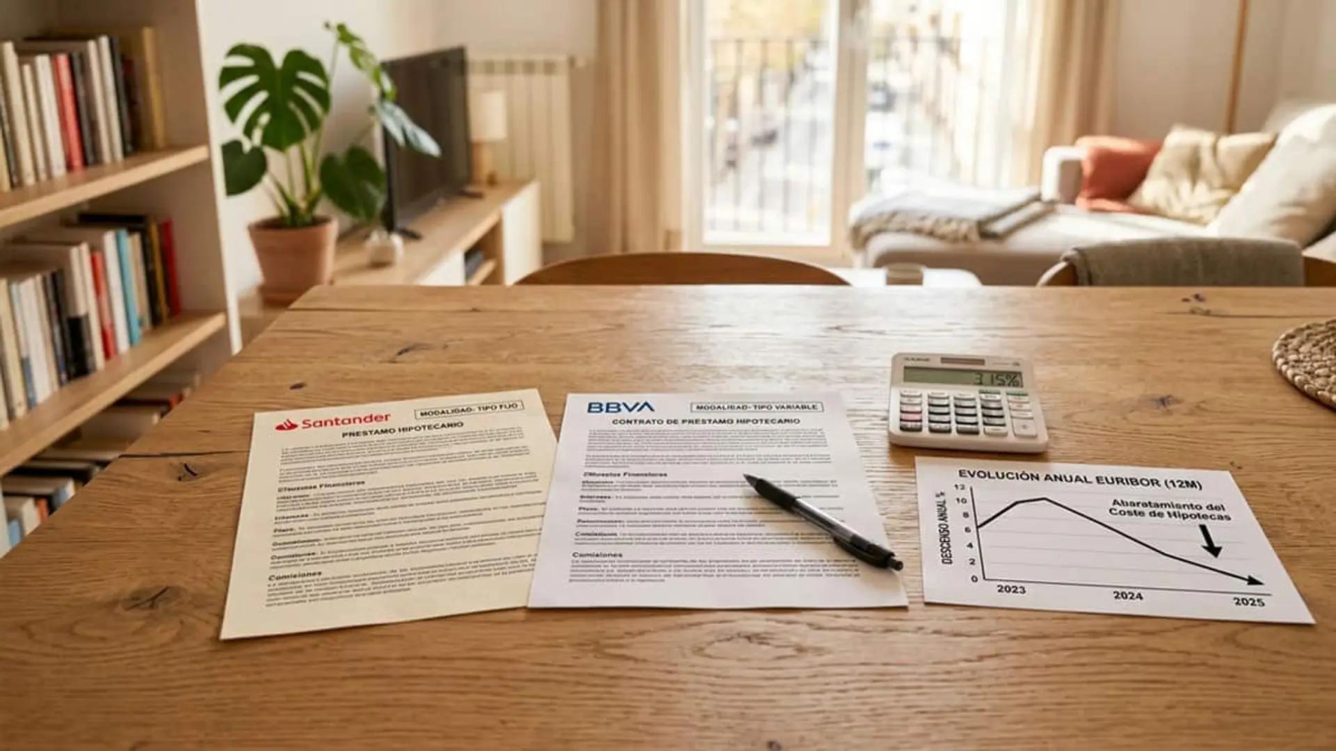 Documentos hipotecarios de Santander y BBVA sobre una mesa, junto a una calculadora y un gráfico de la evolución del euríbor
