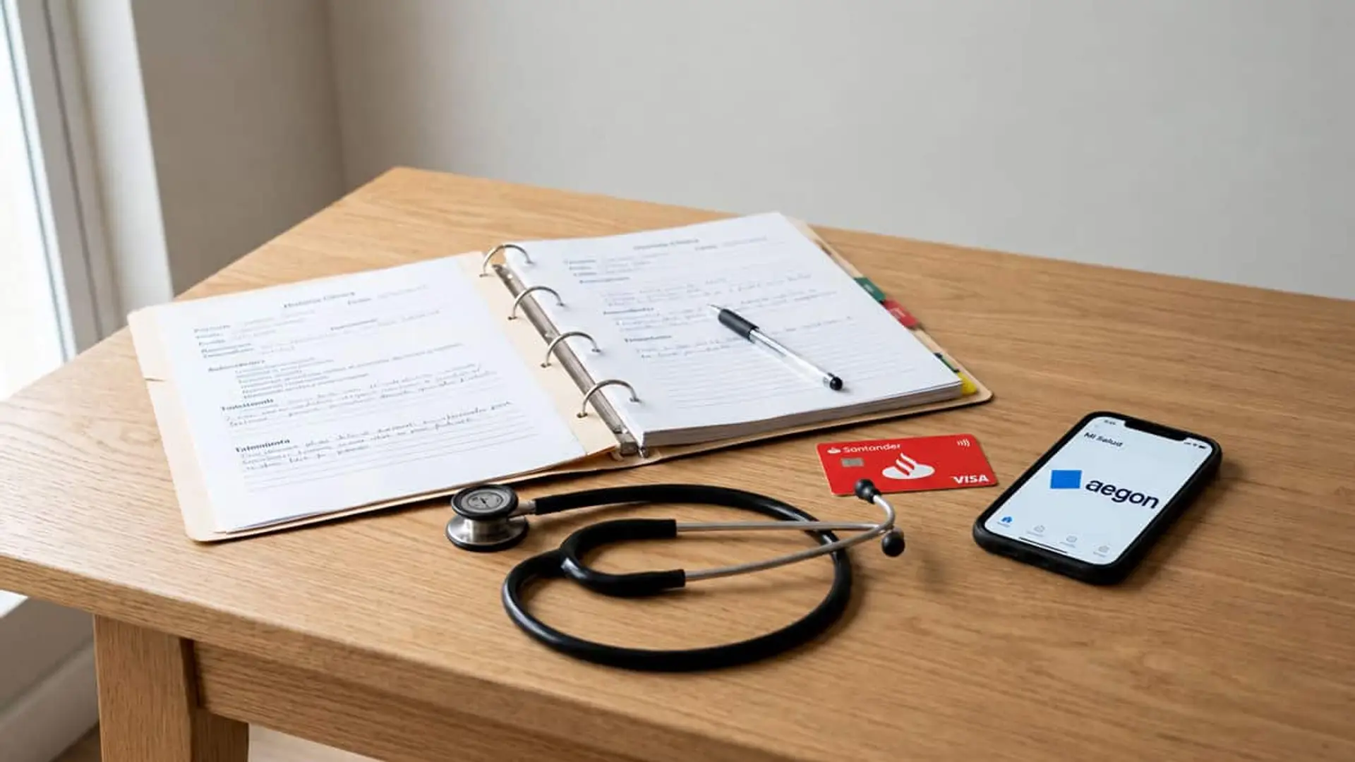 Documentos médicos y estetoscopio junto a una tarjeta Santander y un móvil con la aplicación de Aegon