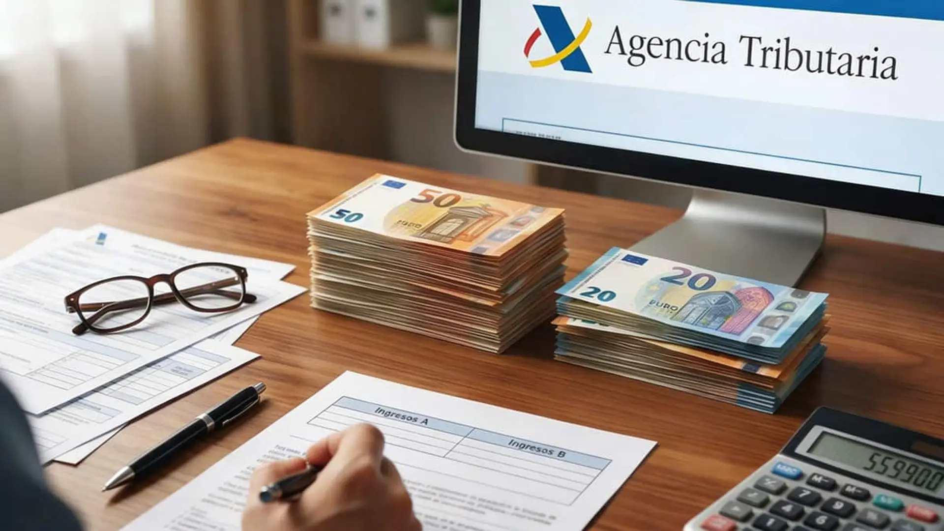 Documentos, billetes de euro y una calculadora junto a una pantalla con el logotipo de la Agencia Tributaria
