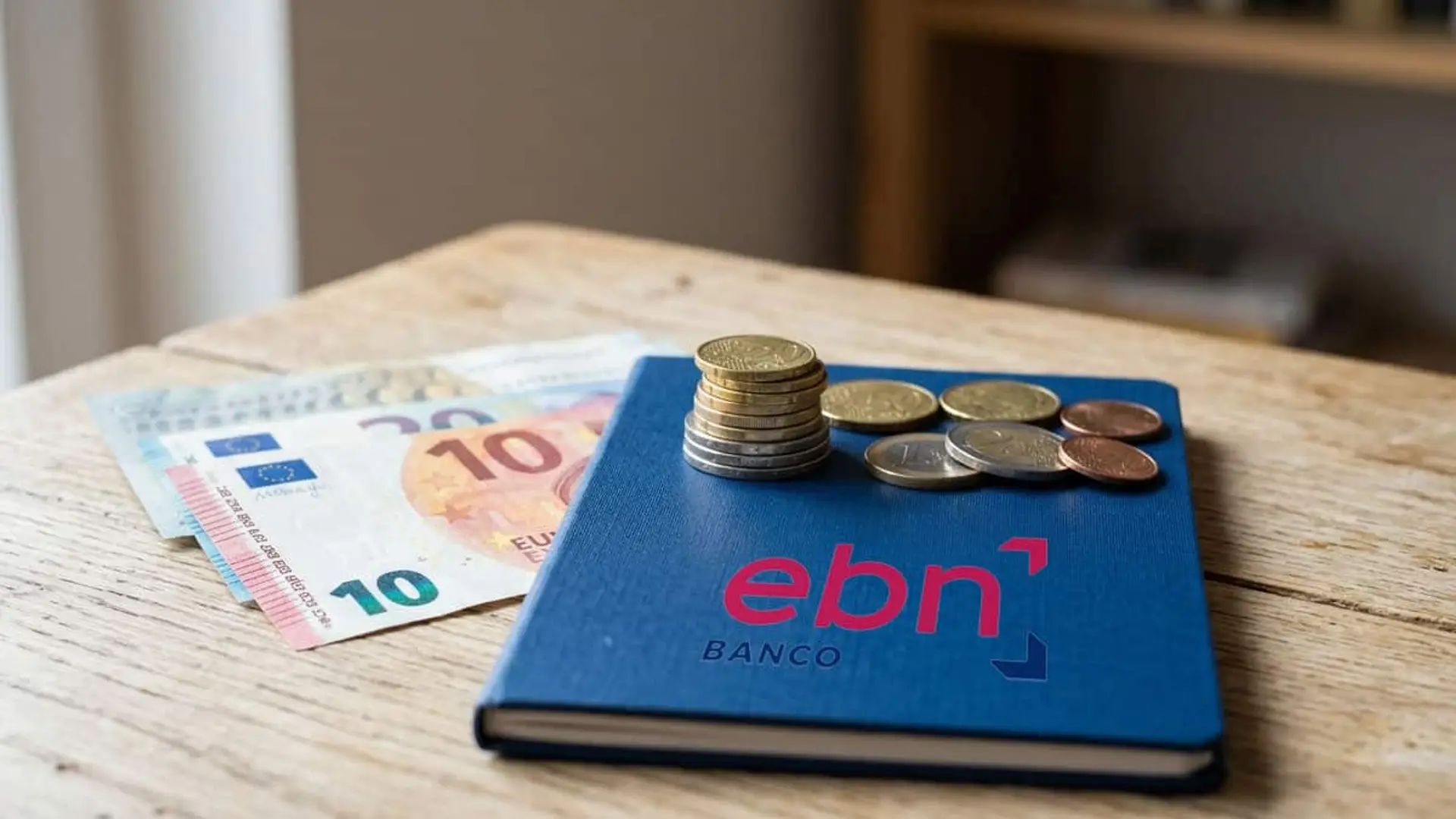 Billetes y monedas de euro sobre una libreta azul con el logotipo de EBN Banco