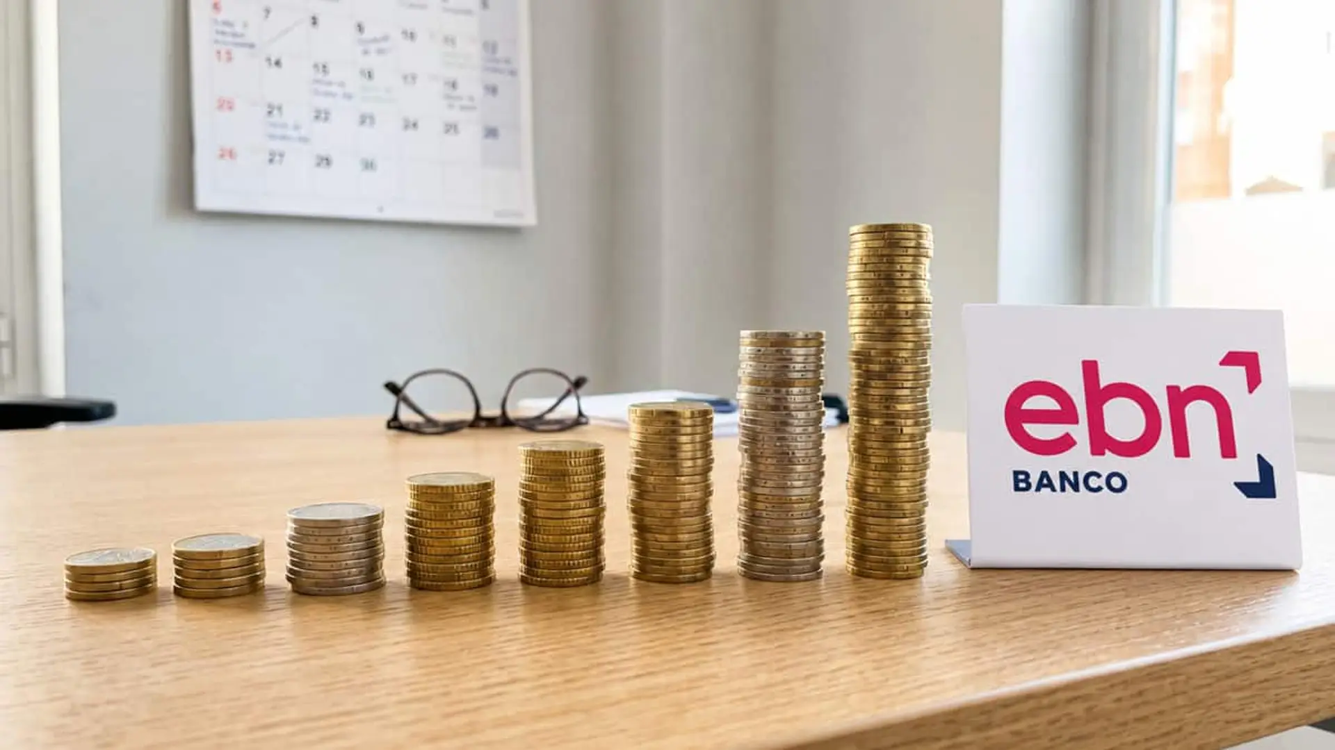 EBN Banco paga ya un 3,10% TAE a cuatro años, pero su depósito no se puede cancelar antes de tiempo Monedas apiladas de menor a mayor junto al logotipo de EBN Banco sobre una mesa