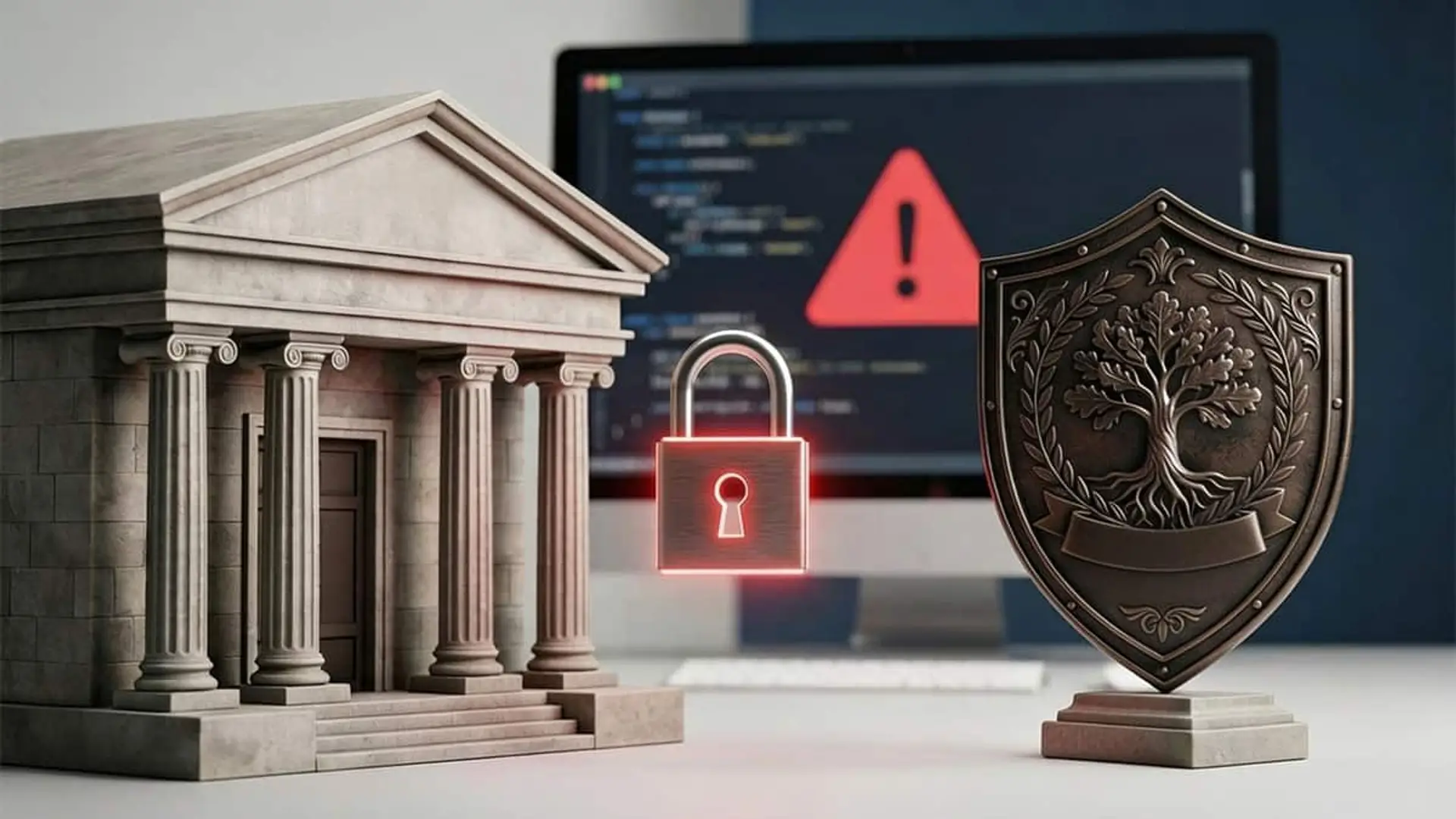Edificio institucional en miniatura junto a un candado y un escudo de ciberseguridad, con un monitor al fondo mostrando una alerta
