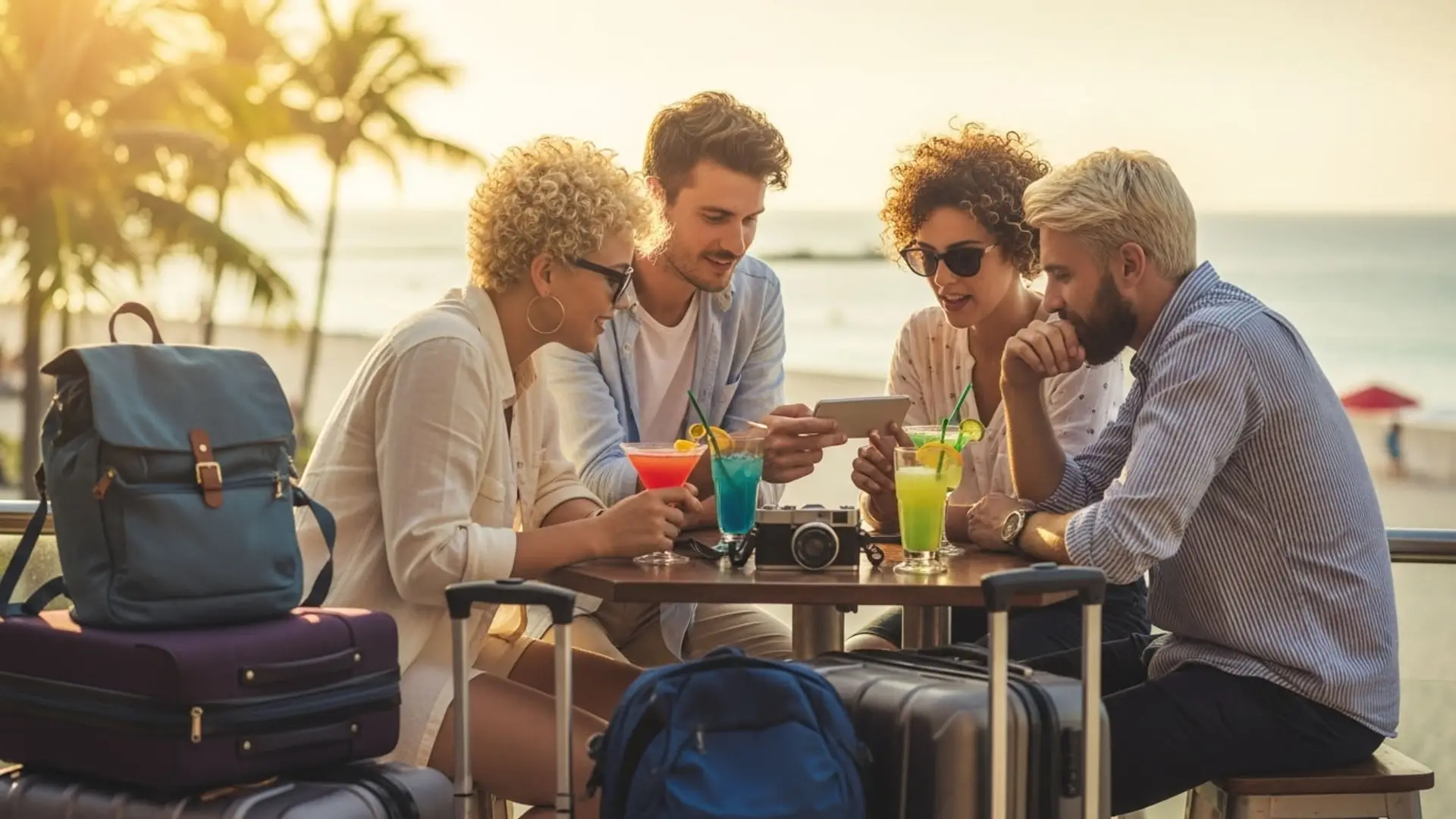 Grupo de amigos compartiendo gastos en un viaje, sentados en una terraza frente al mar con maletas y cócteles.