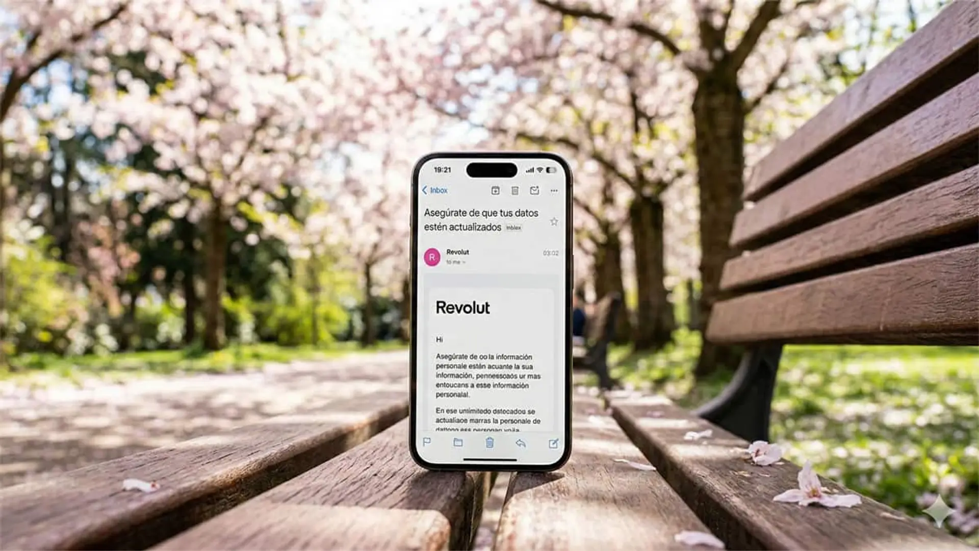 Smartphone mostrando un correo de Revolut sobre actualización de datos personales, colocado sobre un banco en un parque.
