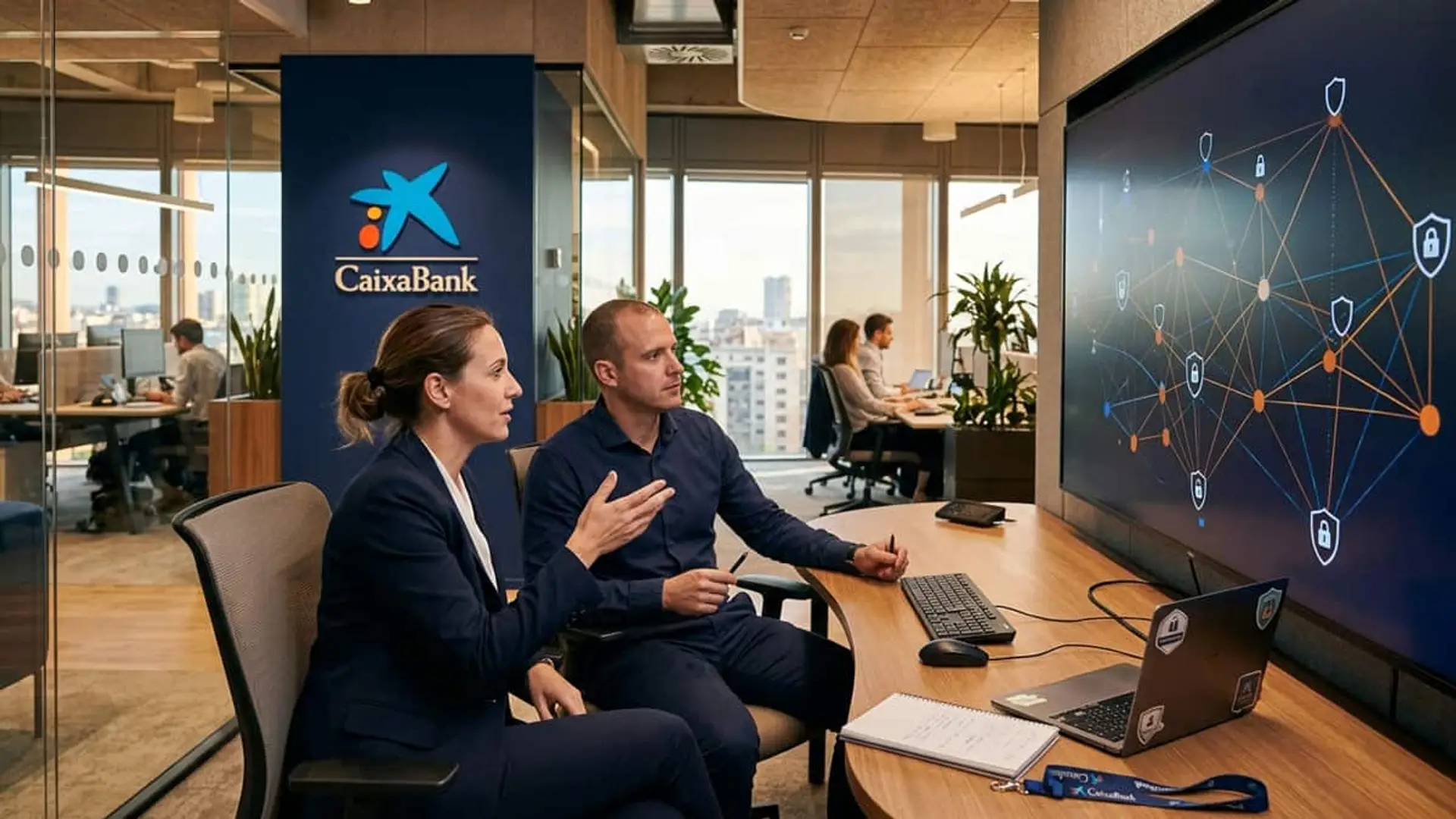 Dos empleados de CaixaBank observando una pantalla con una red de conexiones y símbolos de candados en una oficina