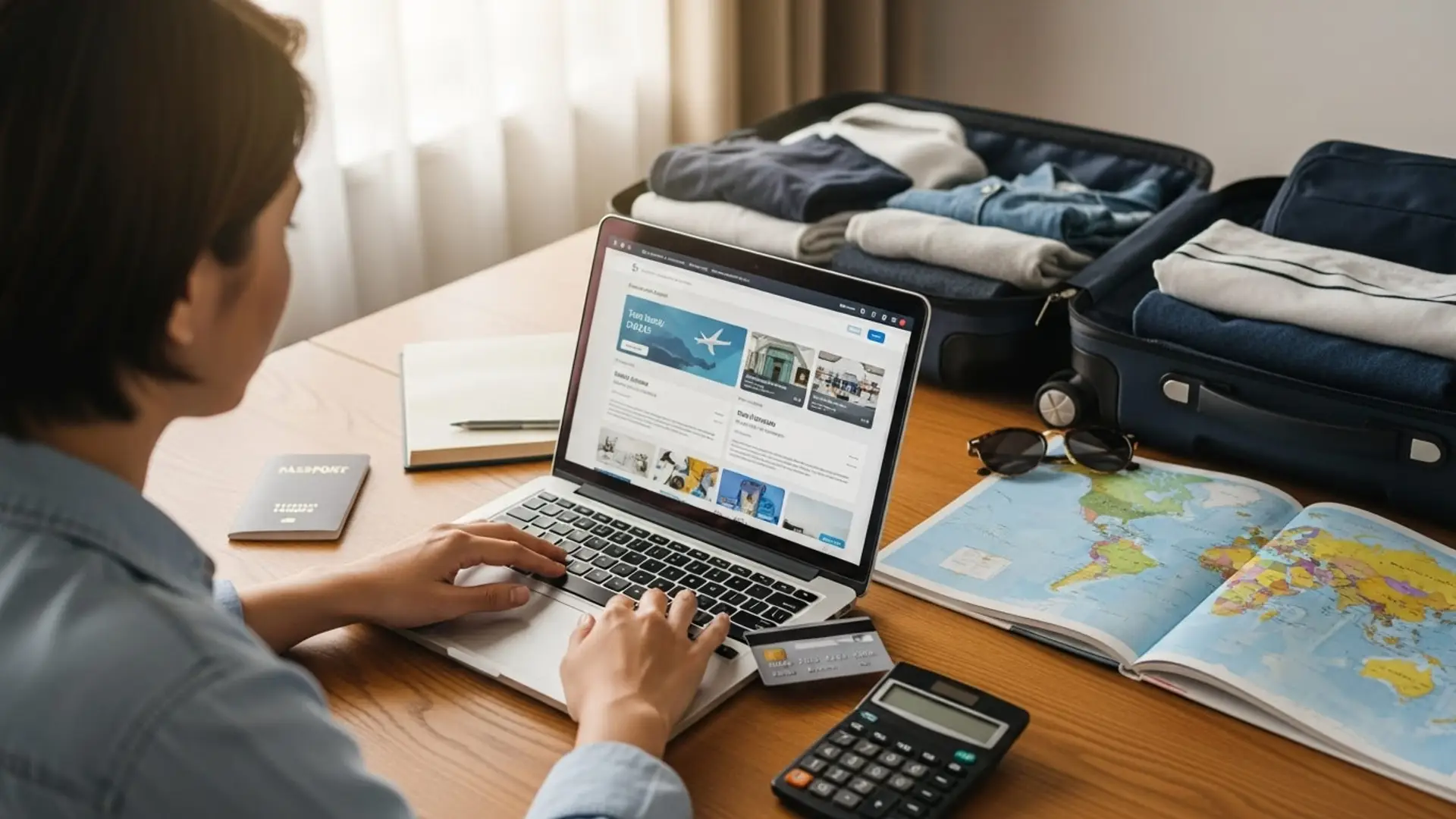 Persona reservando viaje en portátil con tarjeta de crédito, pasaporte, maletas y mapa sobre la mesa