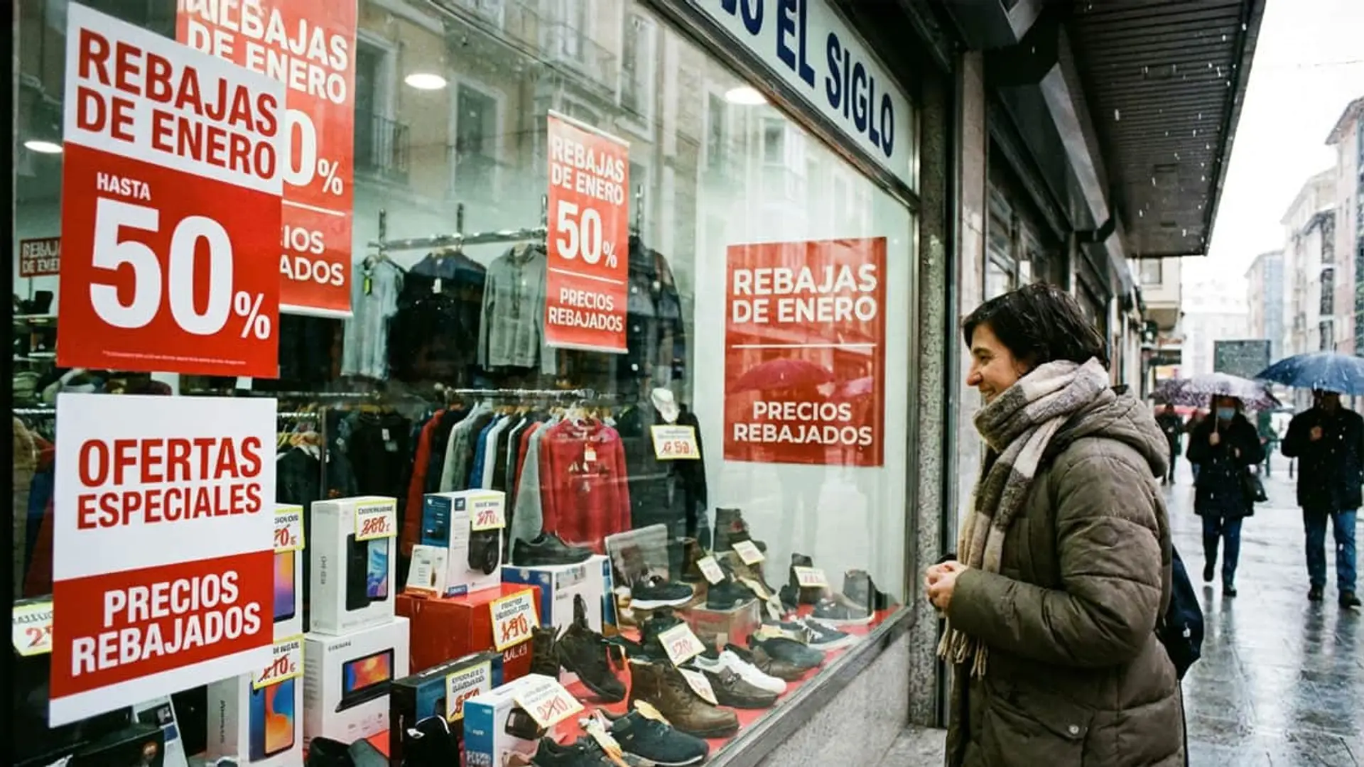 Que no te engañen con las rebajas: las advertencias de la OCU para sacar partido a los descuentos Mujer mirando escaparate de tienda con carteles rojos de rebajas de enero del 50% de descuento.