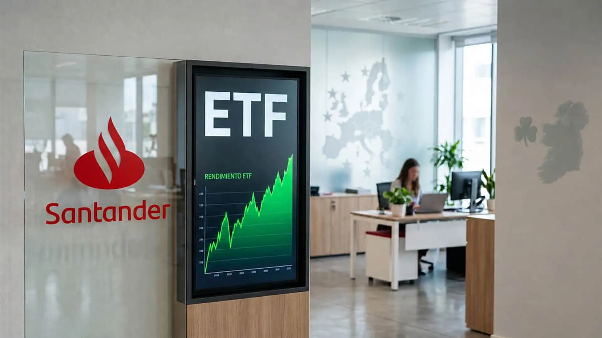 Los tres ETFs con los que Banco Santander busca quedarse con las comisiones de gestión ETF de Santander con gráfico de rentabilidad al alza en una oficina bancaria