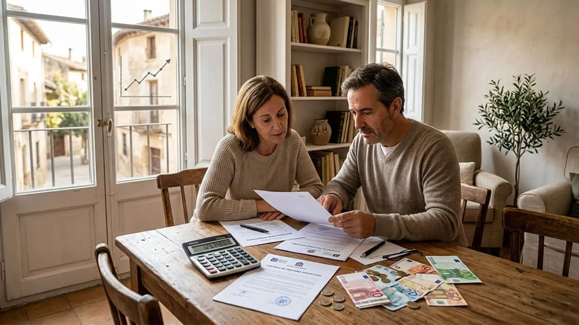 Pareja revisando su hipoteca y la evolución del euríbor con documentos, calculadora y dinero.
