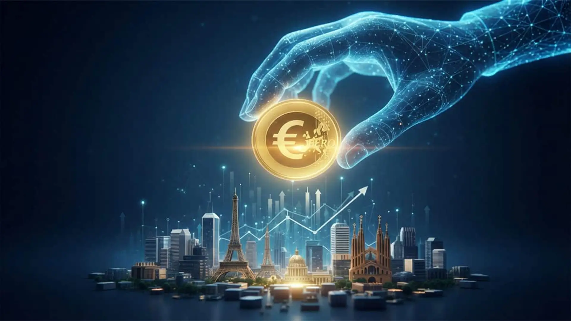 Representación conceptual del euro digital sobre un skyline europeo con gráficos de crecimiento económico.