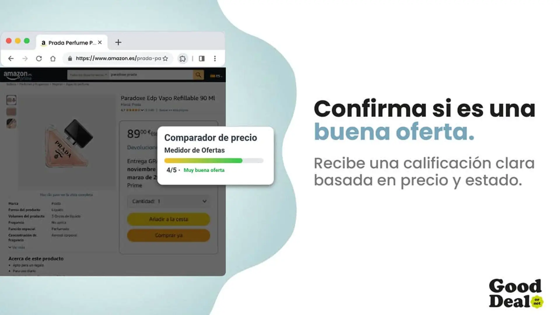 Medidor de ofertas Good Deal validando el precio de un producto en Amazon con calificación de calidad