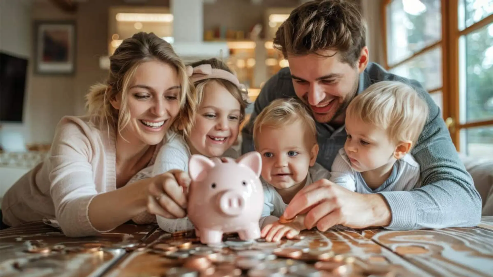 Los 6 mejores depósitos a 12 meses que te dan hasta un 3% TAE en febrero para batir a la inflación Familia con dos adultos y tres niños ahorrando monedas en una hucha con forma de cerdito en casa.