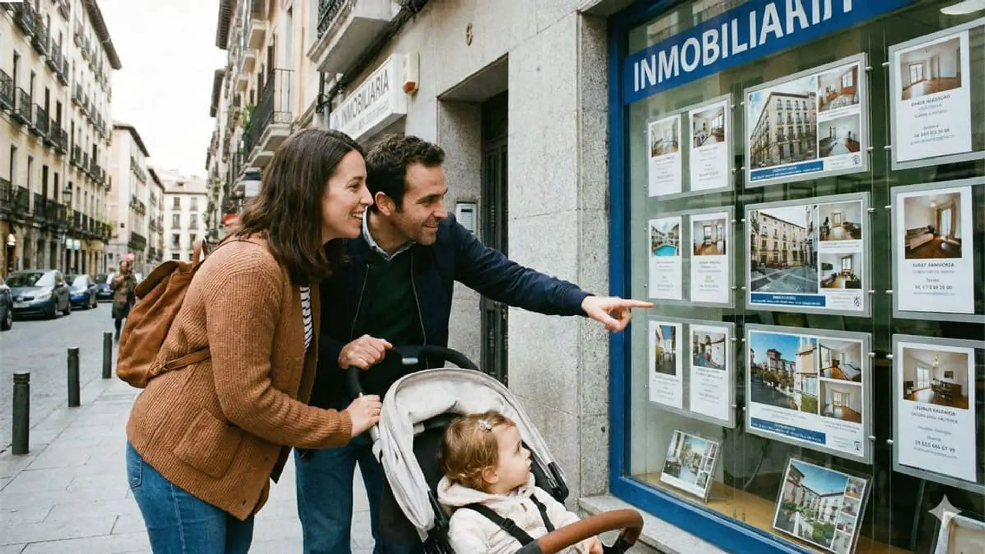 El Banco de España avisa: por qué las familias han vuelto a endeudarse a niveles no vistos desde la crisis Familia con un bebé mirando anuncios de viviendas en el escaparate de una inmobiliaria