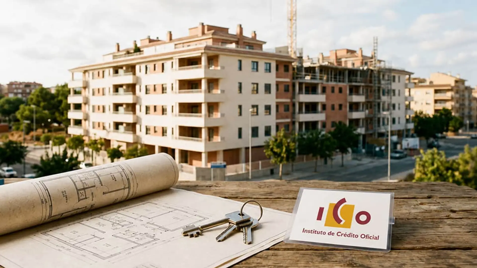 Financiación ICO para promoción de viviendas en construcción con planos y llaves.