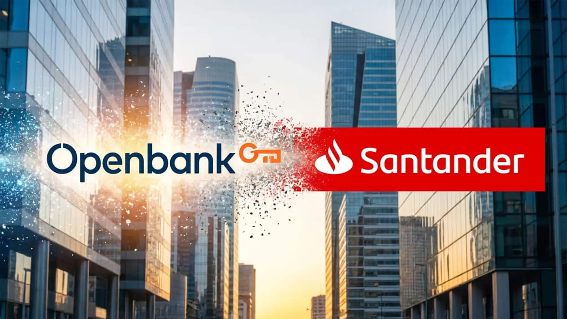 Logos de Openbank y Santander fusionándose sobre un fondo urbano que representa la integración y transformación digital del grupo bancario.