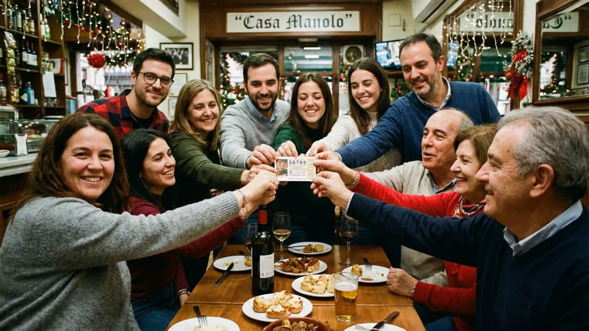 Cómo repartir el premio de un décimo compartido de la Lotería de Navidad sin sanciones de Hacienda Grupo de amigos y familiares celebrando con un décimo de Lotería de Navidad compartido en un bar.