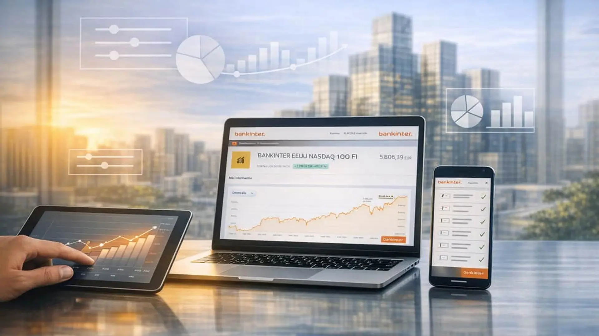 Bankinter mete un carrito de la compra en su buscador de fondos, y es la novedad más llamativa de su nueva plataforma Inversión digital con Bankinter: portátil y tablet mostrando el fondo EEUU Nasdaq 100 FI y gráficas de bolsa.