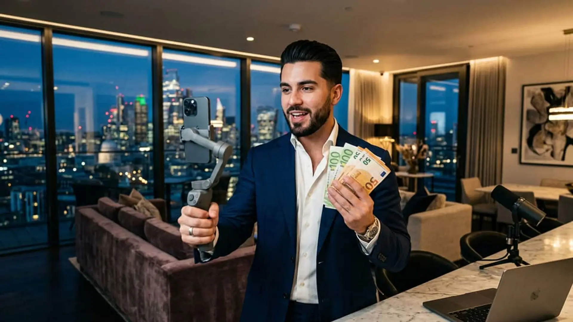 Si sigues a influencers financieros para invertir, la CNMV alerta: 1 de cada 10 infringe las normas Hombre grabando un video con un móvil estabilizado mientras sostiene billetes de euro