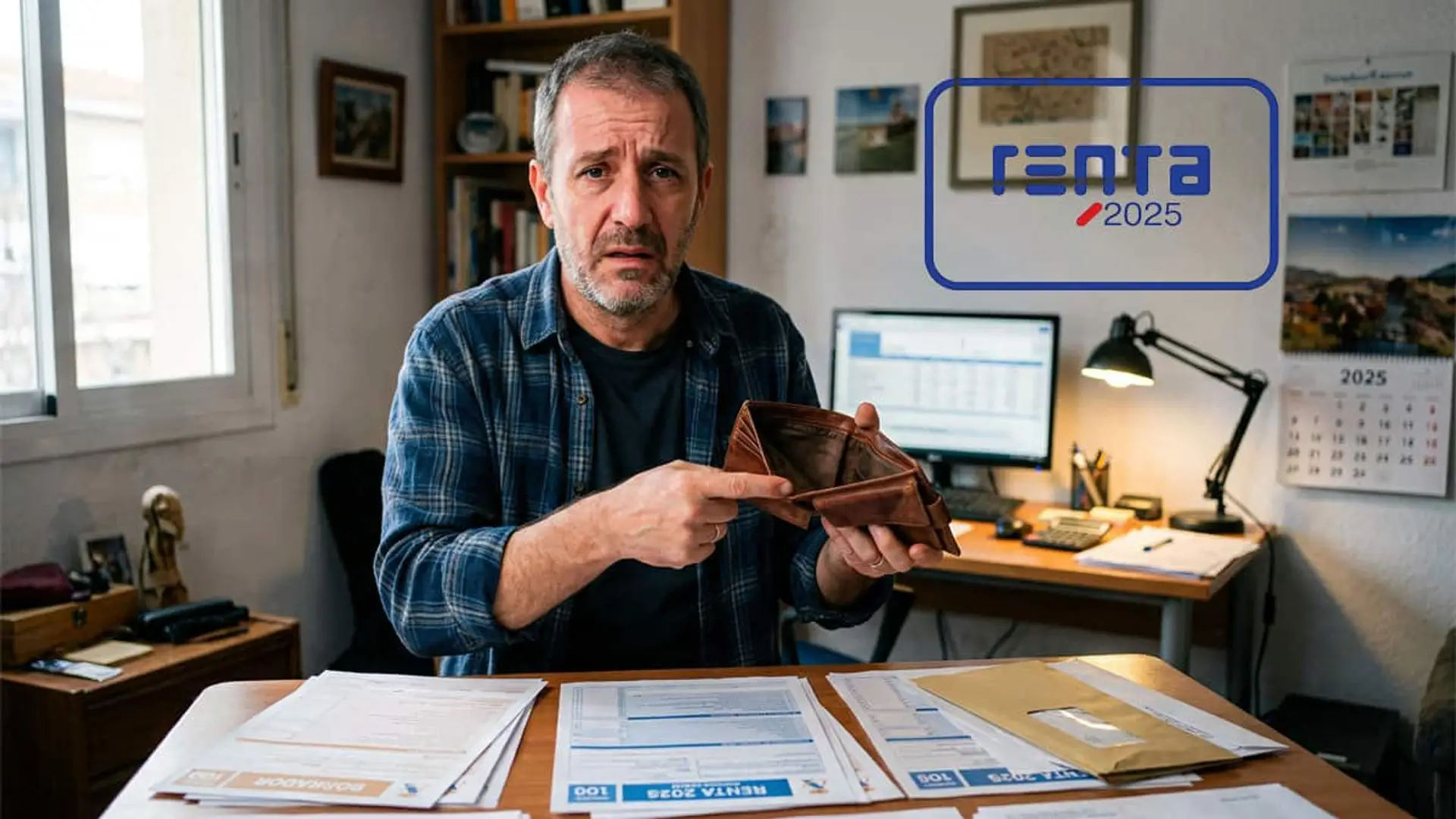Hombre mostrando una cartera vacía sentado ante varios documentos con el logotipo de Renta 2025 en la pared