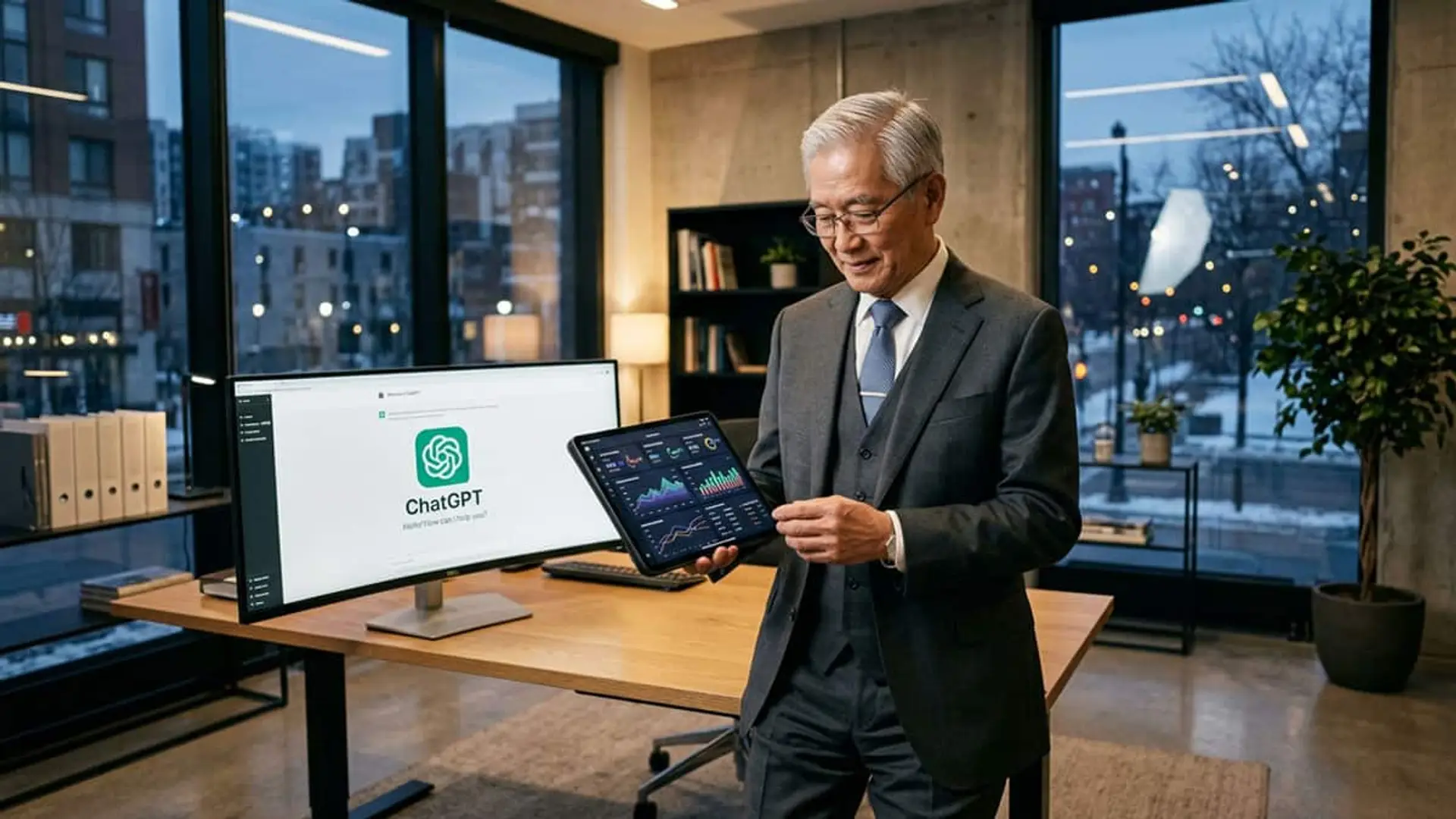 ChatGPT ya puede ver todo tu dinero, pero no tocarlo: así es la nueva función que analiza gastos y planifica tus finanzas Hombre sosteniendo una tablet con gráficos en una oficina con una pantalla de ChatGPT al fondo