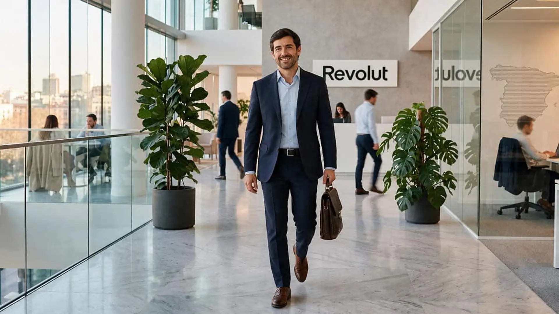 Revolut ficha al exresponsable de Remitly en Europa para dirigir España Hombre con traje y maletín caminando por una oficina de Revolut con varios empleados al fondo