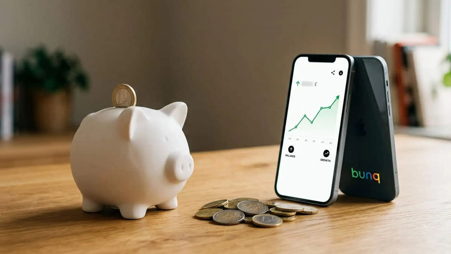 Hucha blanca con una moneda de euro, varias monedas sobre una mesa y un móvil con un gráfico ascendente, junto a otro dispositivo con el logotipo de bunq.