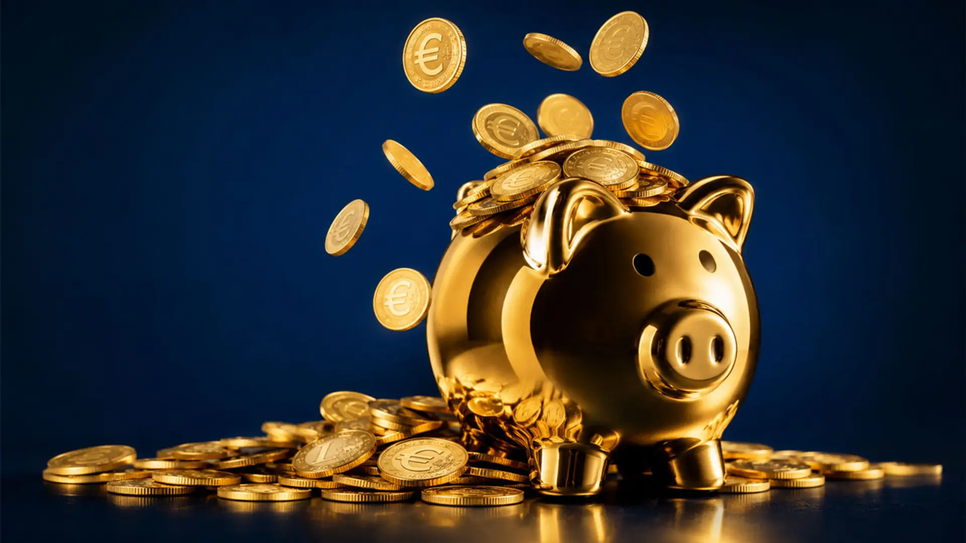 Hucha dorada con monedas cayendo, símbolo de ahorro, inversión y crecimiento financiero en euros.