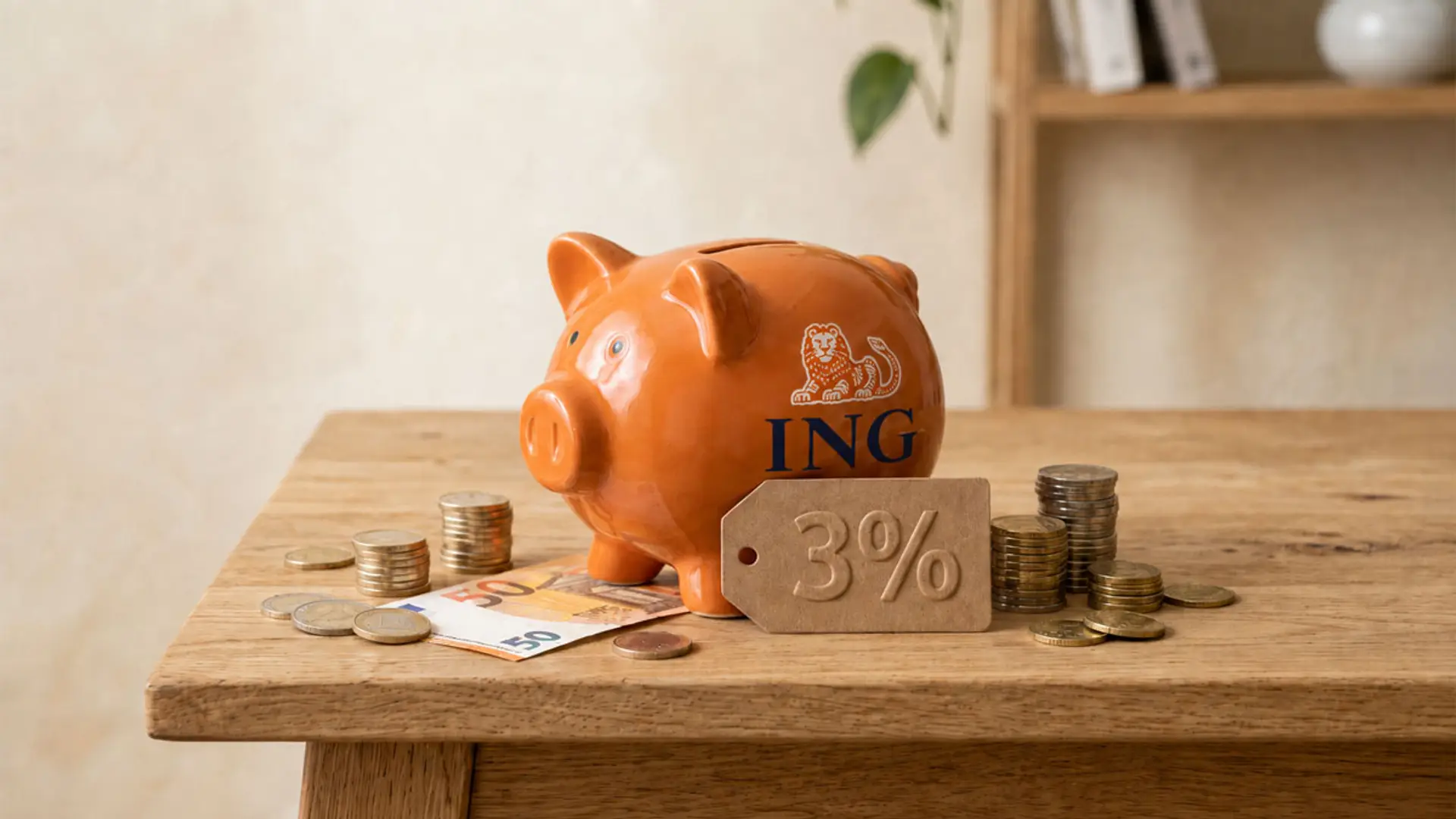 ING se mantiene en la batalla por el ahorro y estrena depósito al 3% TAE a tres meses Hucha naranja de ING con etiqueta del 3%, monedas y billetes de 50 euros sobre una mesa de madera