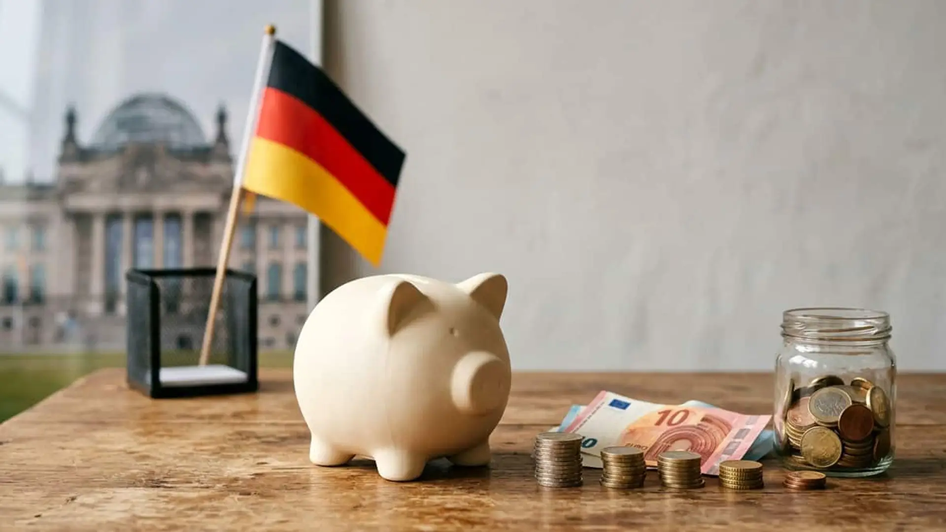 Alemania dará 10€ al mes por niño: con aporte de los padres, la pensión podría rozar los 107.000€ Hucha junto a monedas y billetes de euro con una bandera de Alemania al fondo