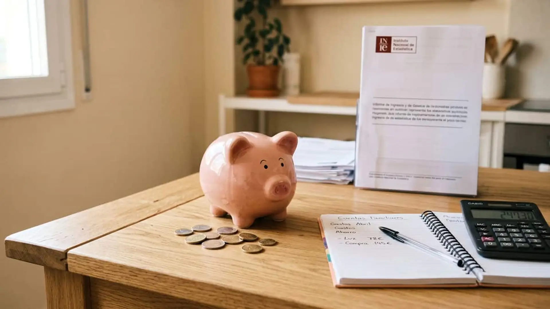 Hucha con monedas junto a un informe del INE, un cuaderno con cuentas familiares y una calculadora sobre una mesa