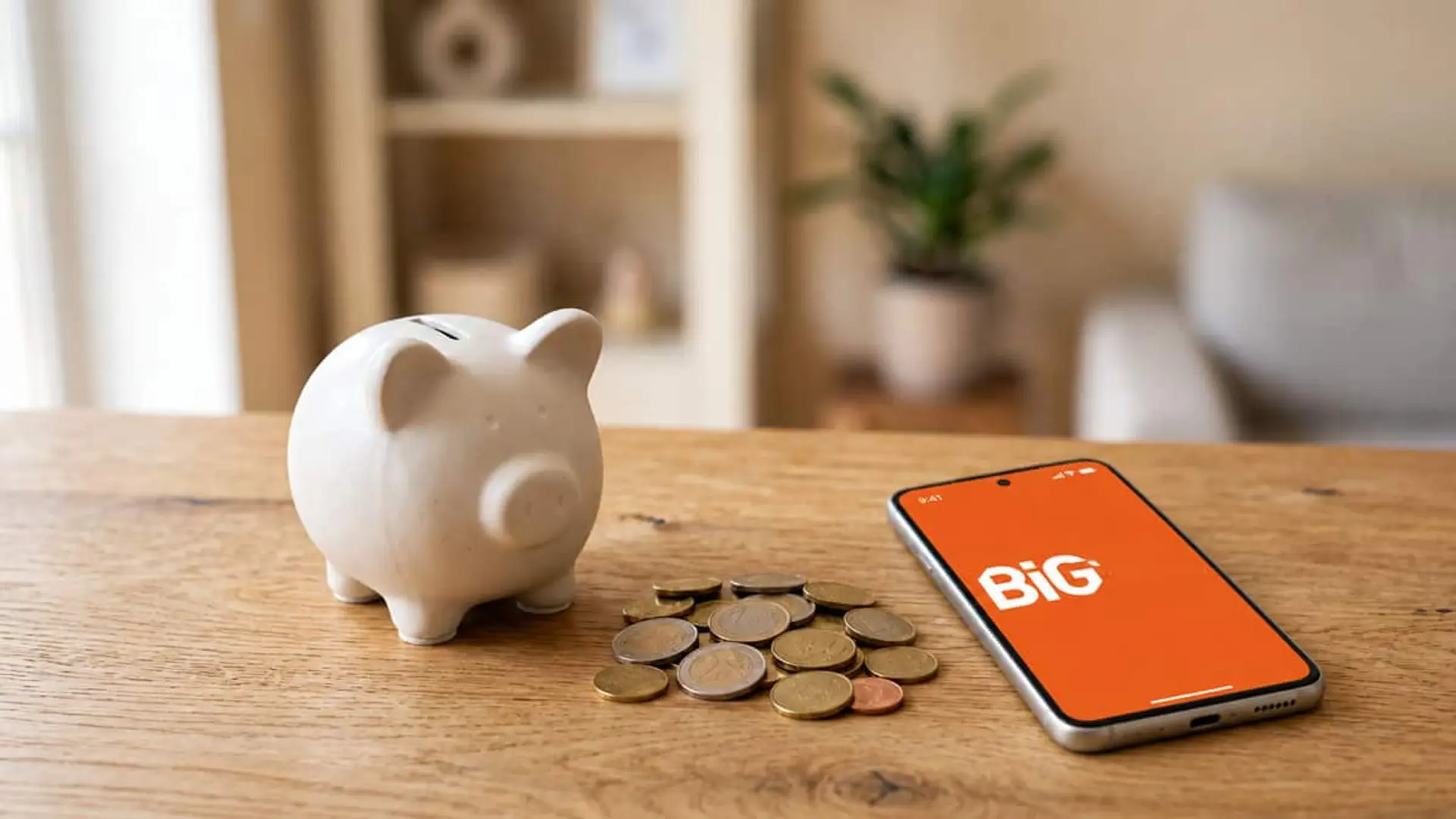 Hucha con monedas junto a un teléfono móvil con el logotipo de Banco BiG en la pantalla