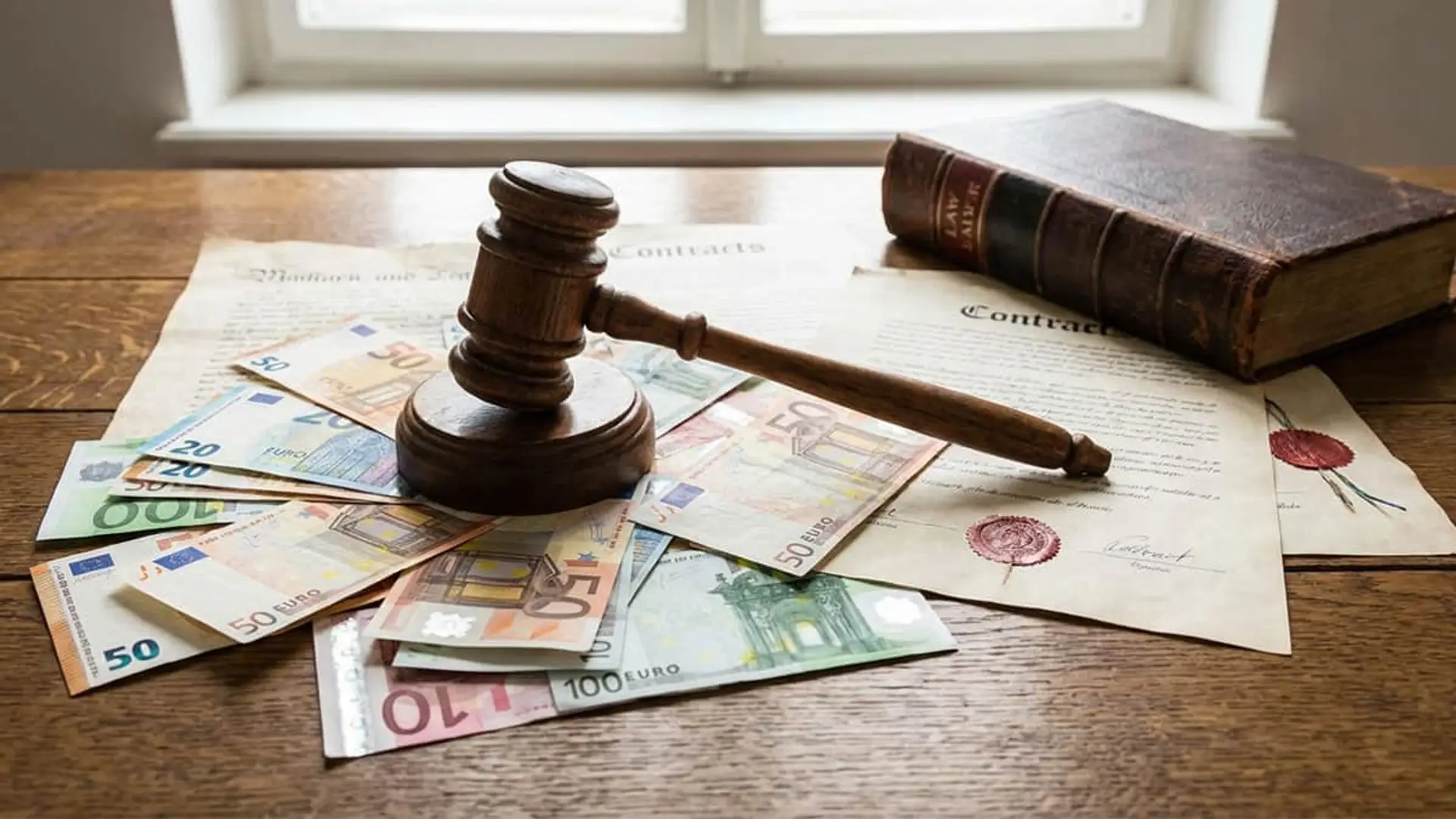 Mazo de juez sobre billetes de euro y contratos. Representación de justicia, finanzas y costes legales.